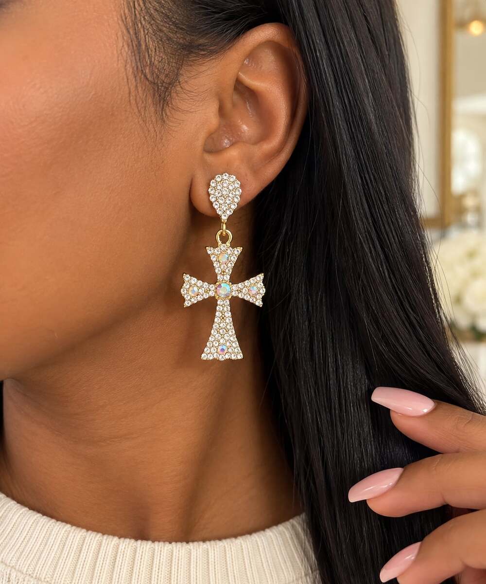 Rhinestone Cross Dangle Earrings Iridescent Crystal Statement Earrings